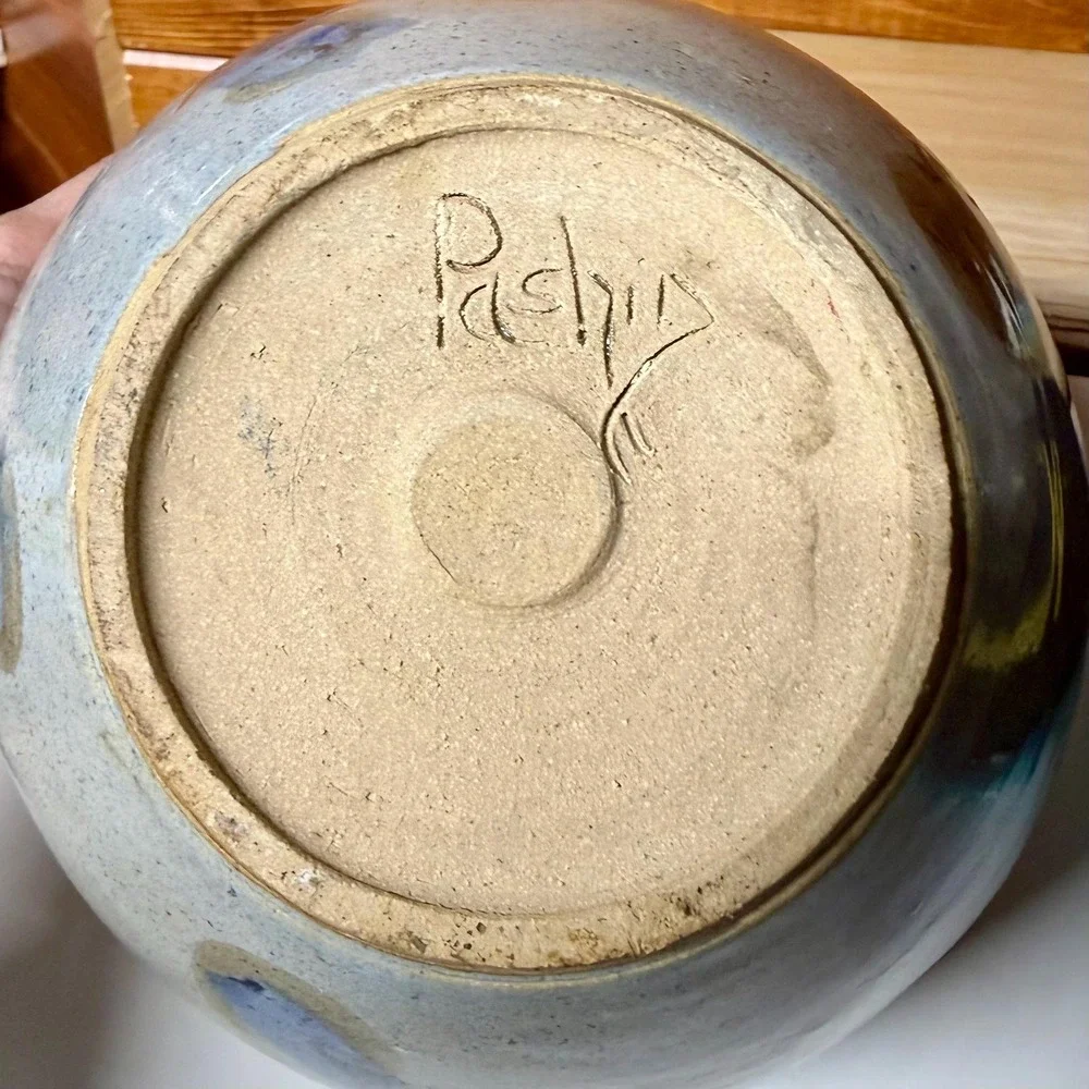 Studio Art Pottery Vase Planter Cache Pot Artist Signed Blue Glaze Rustic 8.5